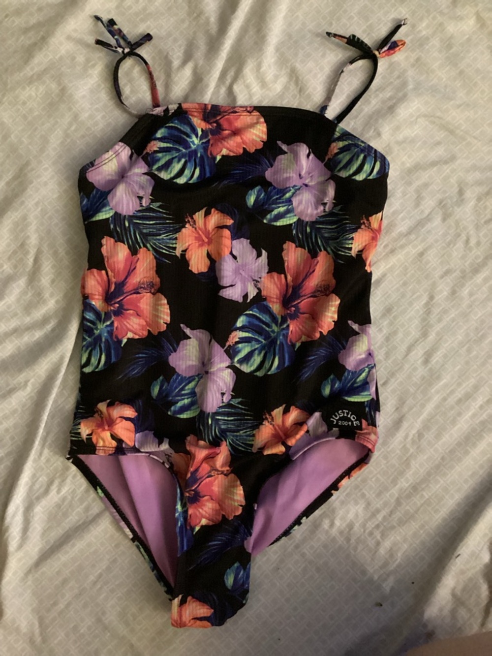 Justice Black One-Piece Swimsuit with Purple & Coral Floral Print